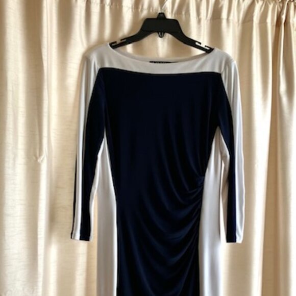 Ralph Lauren Color-block Navy and White Pull-on Ruched Dress, Size 8 - Picture 3 of 7